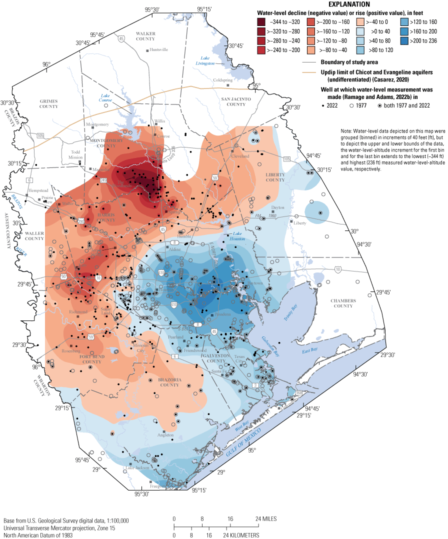 Map shows approximate 1977–2022 water-level changes in Chicot and Evangeline aquifers
                     undifferentiated in study area.