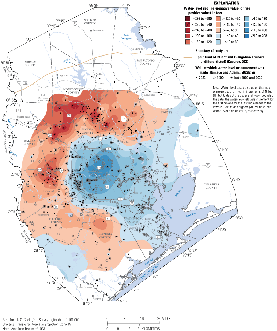 Map shows approximate 1990–2022 water-level changes in Chicot and Evangeline aquifers
                     undifferentiated in study area.