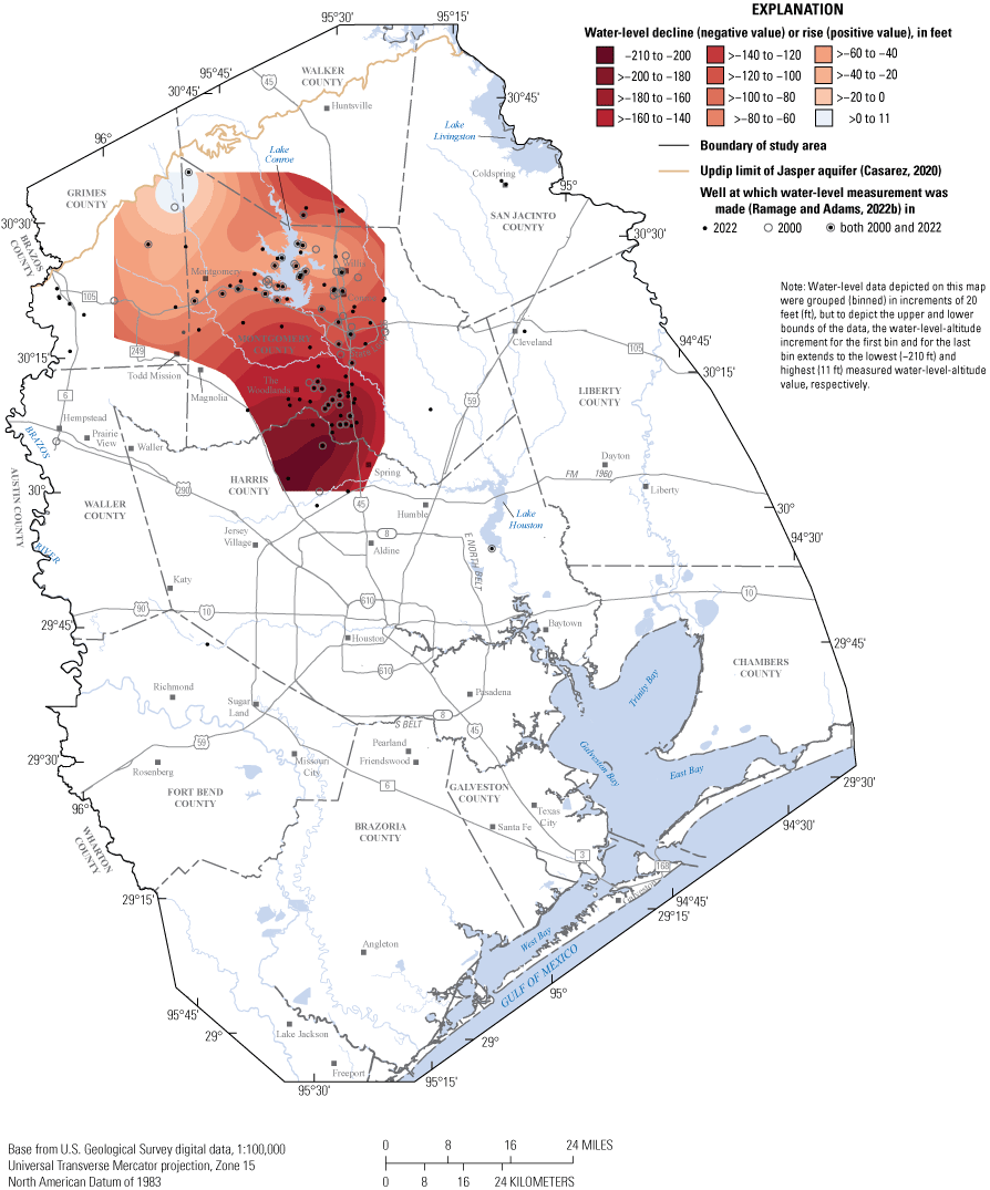 Map shows approximate 2000–22 water-level changes in Jasper aquifer, greater Houston
                     study area, Texas.