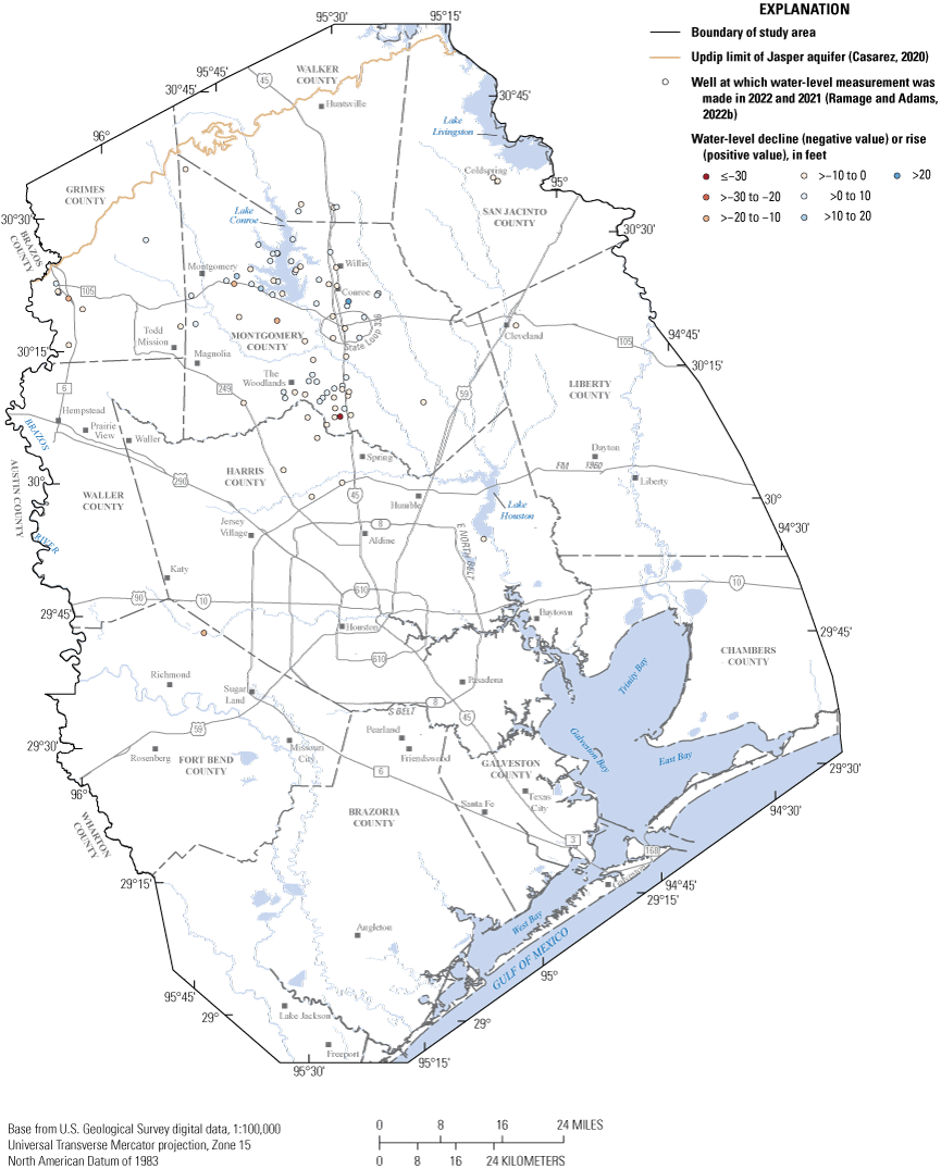 Map shows approximate 2021–22 water-level changes at wells screened in Jasper aquifer,
                     greater Houston study area, Texas.