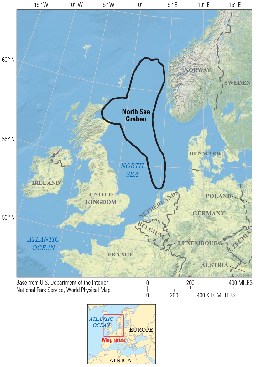 An outline of the North Sea Graben (in black) is shown on a textured map surface.