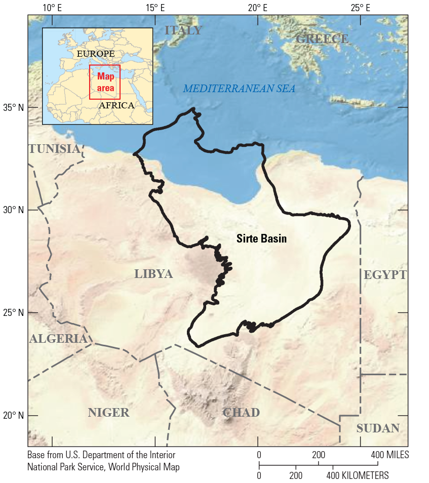 An outline of the Sirte Basin (in black) is shown on a textured map surface