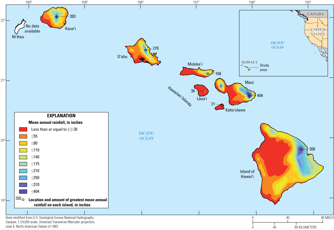 Map showing distribution of mean annual rainfall, State of Hawaiʻi, 1911–2020.