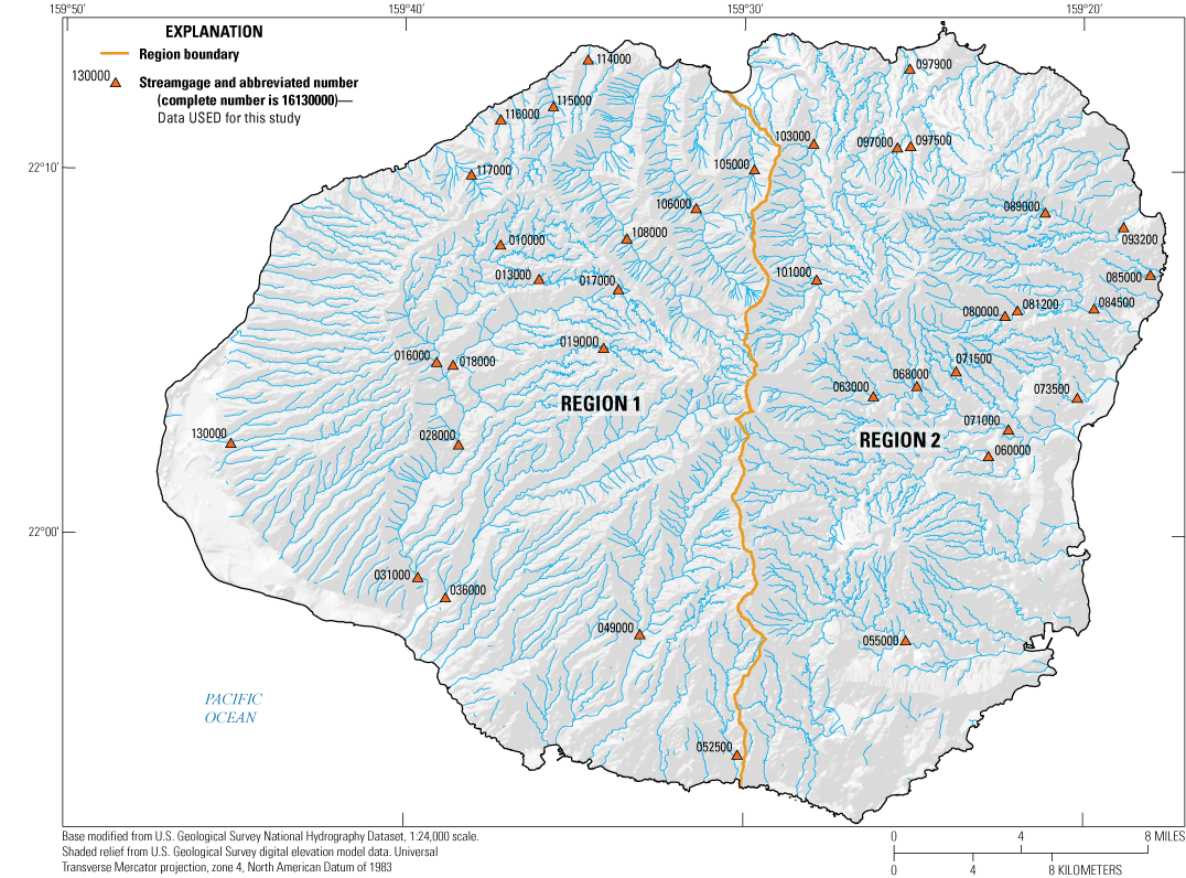 Map showing streamgages with at least 10 years of usable peak-flow data, Kauaʻi, State
                     of Hawaiʻi, 1911–2020.