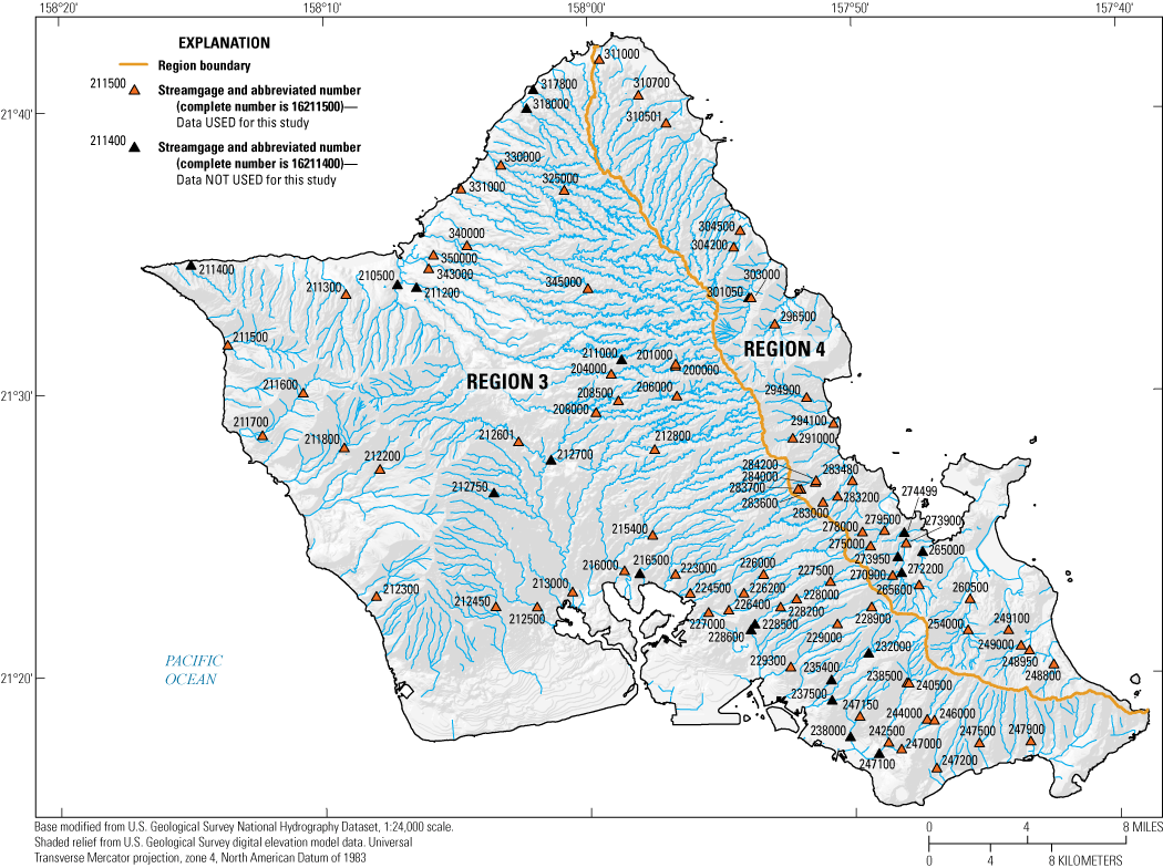 Map showing streamgages with at least 10 years of usable peak-flow data, Oʻahu, State
                     of Hawaiʻi, 1911–2020.