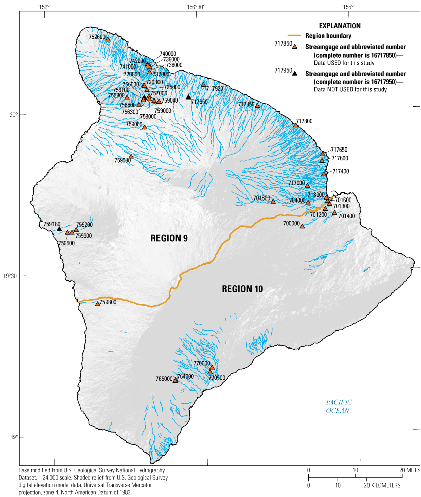 Map showing streamgages with at least 10 years of usable peak-flow data, Island of
                     Hawaiʻi, State of Hawaiʻi, 1874–2007.
