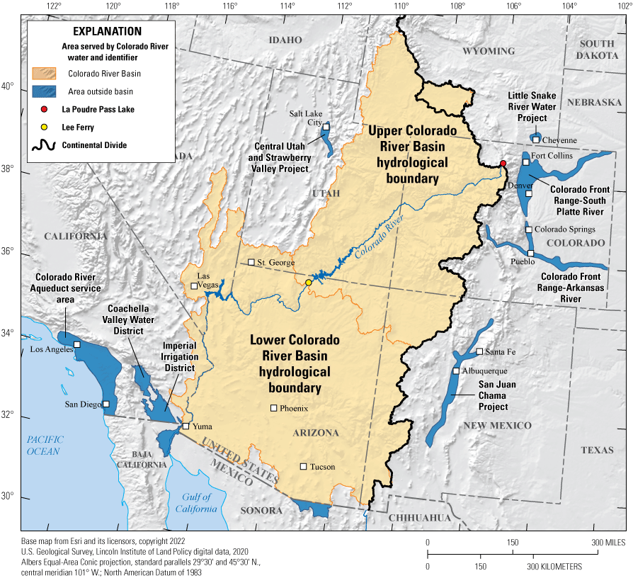 Figure 2. Map showing the Colorado River Basin and the areas served by Colorado River
                     water, which are in Wyoming, Utah, Colorado, Nevada, Arizona, New Mexico, and California