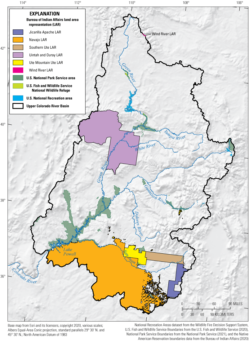 Figure 3. The Colorado River flows through a series of Native American Reservations
                     and federally managed recreation lands and lands reserved for wildlife.