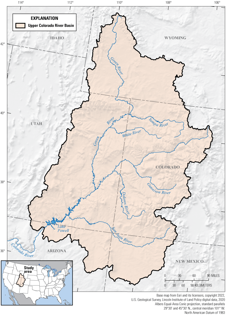 Figure 4. The extent of the Upper Colorado River Basin is from Wyoming to Arizona
                     and New Mexico; selected major rivers are the Green, Yampa, White, Gunnison, Dolores,
                     San Juan, and Colorado Rivers.