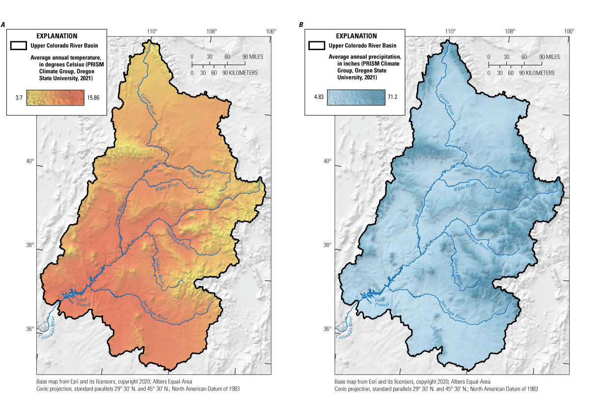 Figure 5. Average annual temperature ranged from 3.7 to 15.86 degrees Celsius in the
                        Upper Colorado River Basin, and average annual precipitation ranged from 4.83 to 71.2
                        inches, 1981–2010.