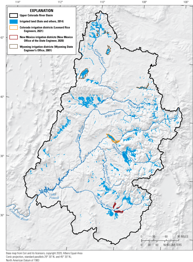 Figure 12. Colorado, New Mexico, and Wyoming irrigation districts in the Upper Colorado
                        River Basin are outlined on this map