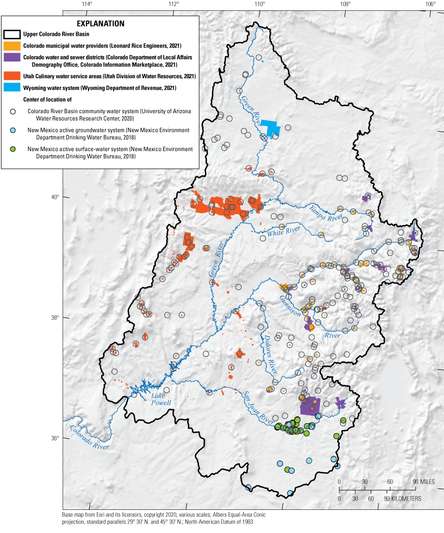 Figure 14. Public-supply water systems and service areas are shown for the Upper Colorado
                        River Basin