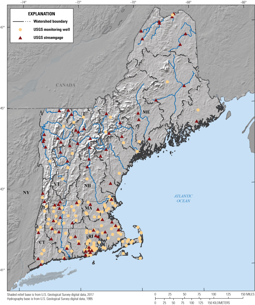 Streamgages and groundwater monitoring wells in New England