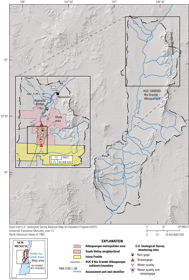 Map showing study area overlap with Albuquerque, Isleta Pueblo, and South Valley Neighborhood,
                     location of USGS monitoring sites within study area, and assessment unit north of
                     study area