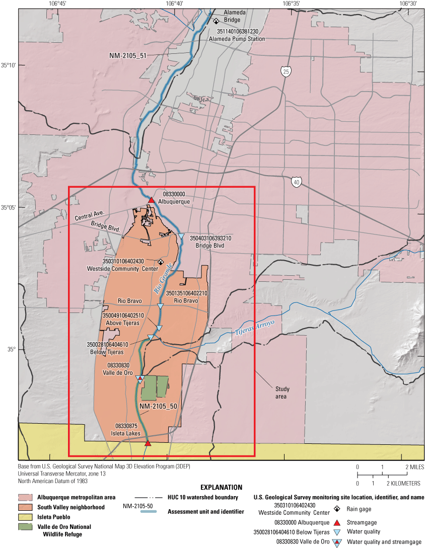Map showing study area in Albuquerque, New Mexico, the South Valley neighborhood,
                     impaired assessment units within and north of the study area, and USGS monitoring
                     sites.