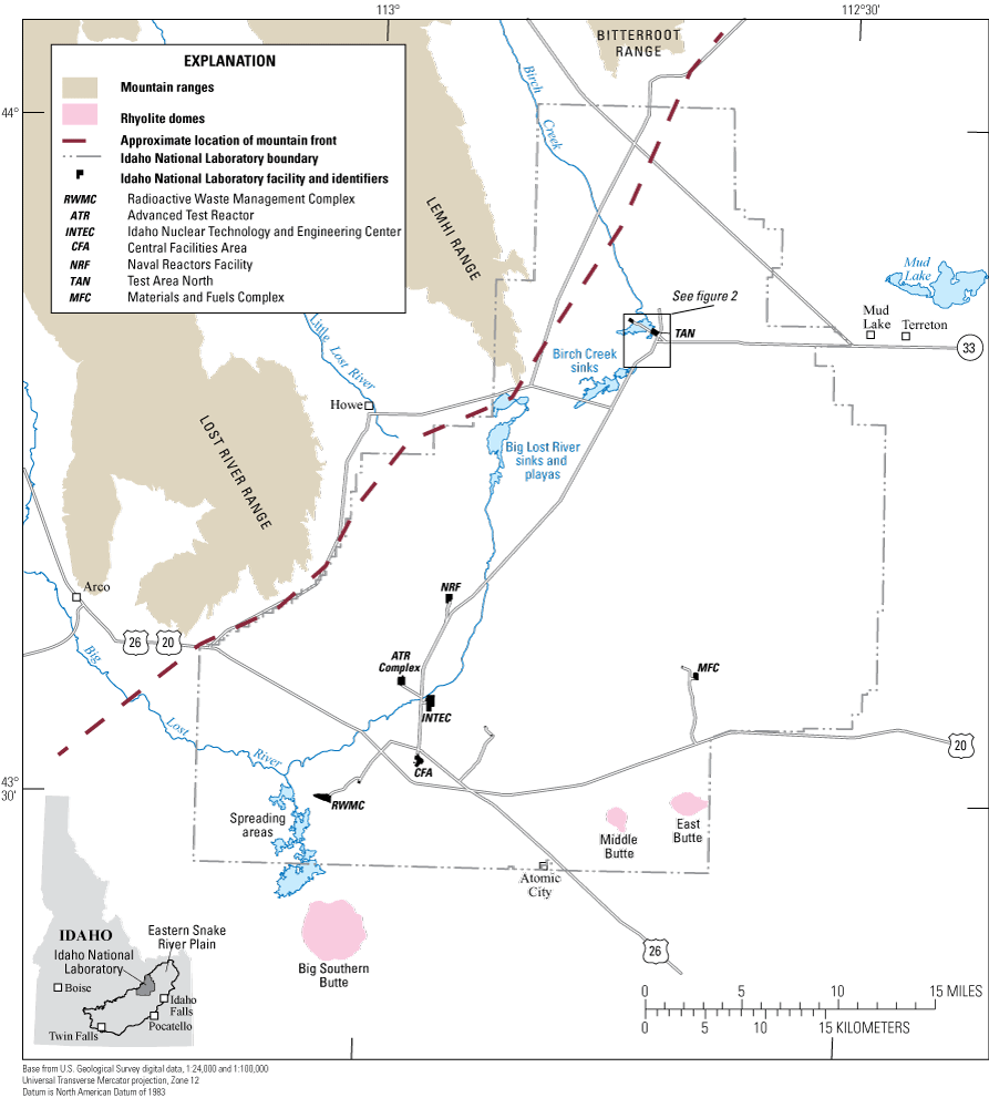 Map showing location of selected facilities at the Idaho National Laboratory, Idaho.
                     Modified from Twining and others, 2018.