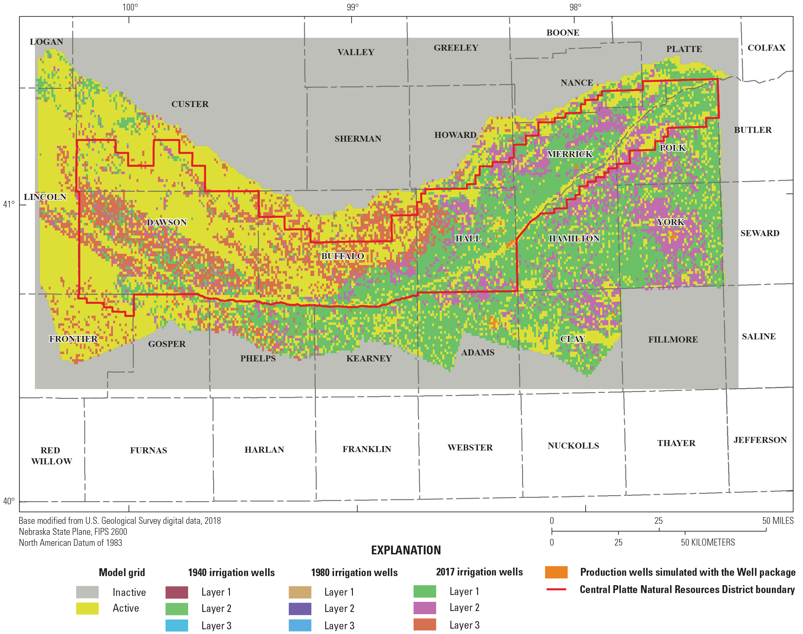 Simulated irrigation wells by layer for 1940, 1980, and 2017, and production wells.