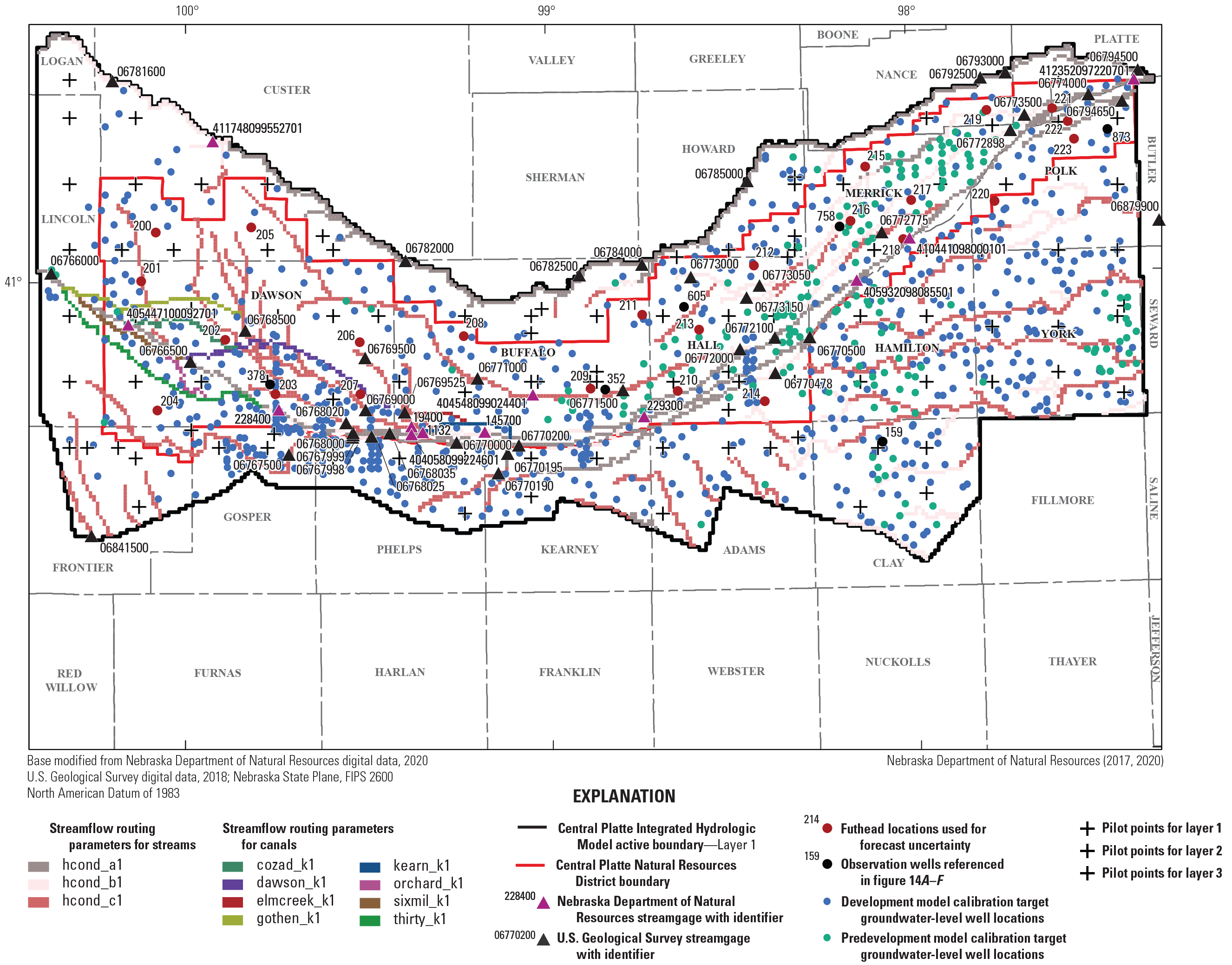 Streamflow routing parameters and groundwater and streamflow calibration target locations.