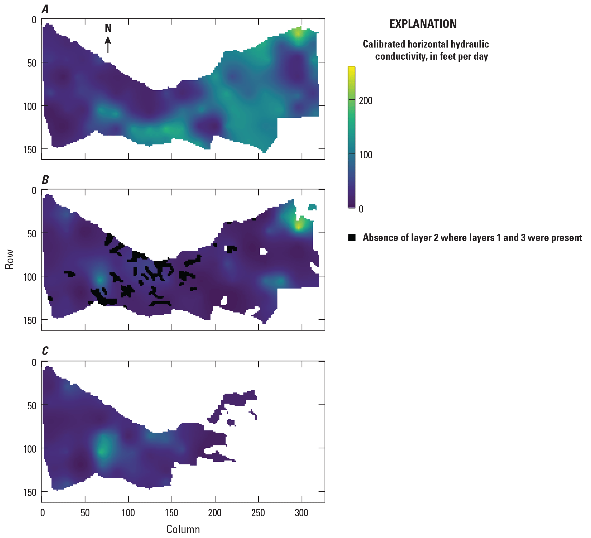 A, Calibrated horizontal hydraulic conductivity. B, Calibrated anisotropy of hydraulic
                           conductivity. C, Calibrated specific yield.