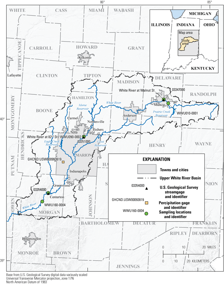 The upper White River Basin showing Muncie, Indianapolis, and Centerton, Indiana,
                        and the locations of streamgages, sampling locations, and a precipitation gage where
                        data were collected and used in the study.