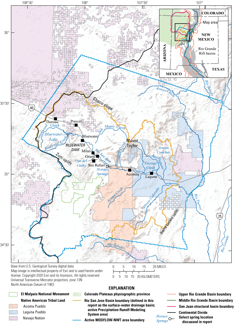 Maps showing study area, extent of the Rio San Jose Integrated Hydrologic Model, drainage
                     and structural basins, spring locations discussed in the report, Native American Tribal
                     Lands, El Malpais National Monument, and the Colorado Plateaus physiographic province