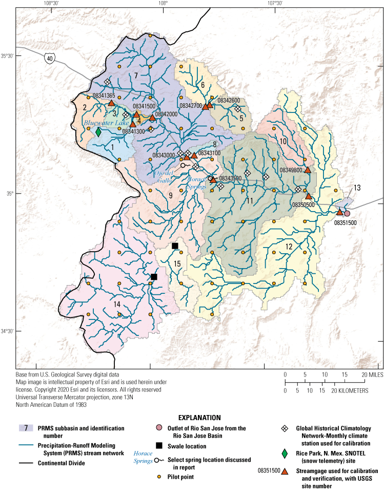 Map showing 15 precipitation-Runoff Modeling System (PRMS) stream network and subbasins,
                        and the locations of climate stations, a SNOTEL site, streamgages, pilot points, and
                        a Rio San Jose outlet.