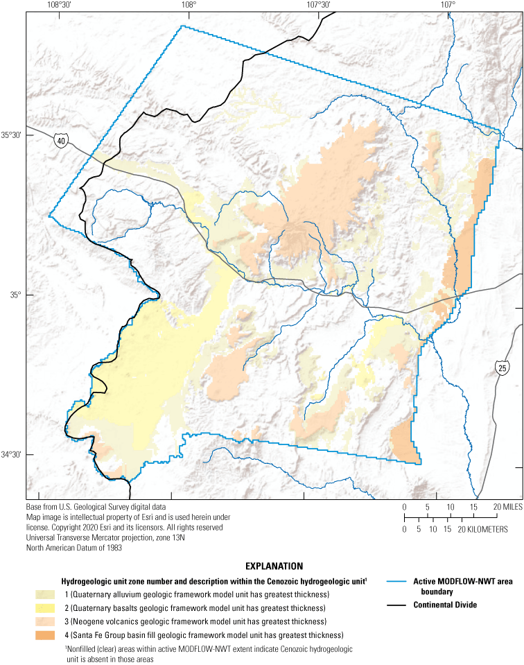 Map showing four hydrogeologic unit zones defined in this study within the Cenozoic
                              hydrogeologic unit, the extent of the active MODFLOW-NWT area boundary, and the Continental
                              Divide