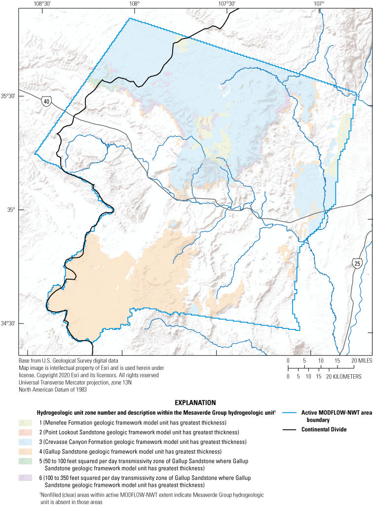 Map showing six hydrogeologic unit zones defined in this study within the Mesaverde
                              Group hydrogeologic unit, the extent of the active MODFLOW-NWT area boundary, and
                              the Continental Divide