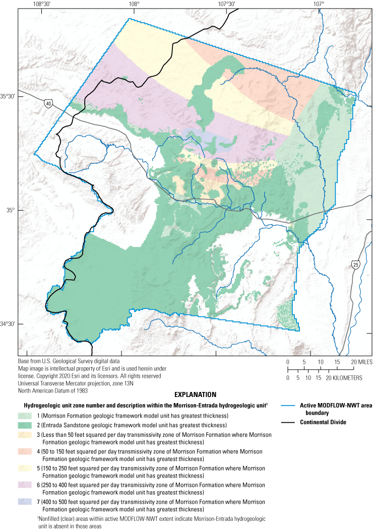 Map showing seven hydrogeologic unit zones defined in this study within the Morrison-Entrada
                              hydrogeologic unit, the extent of the active MODFLOW-NWT area boundary, and the Continental
                              Divide