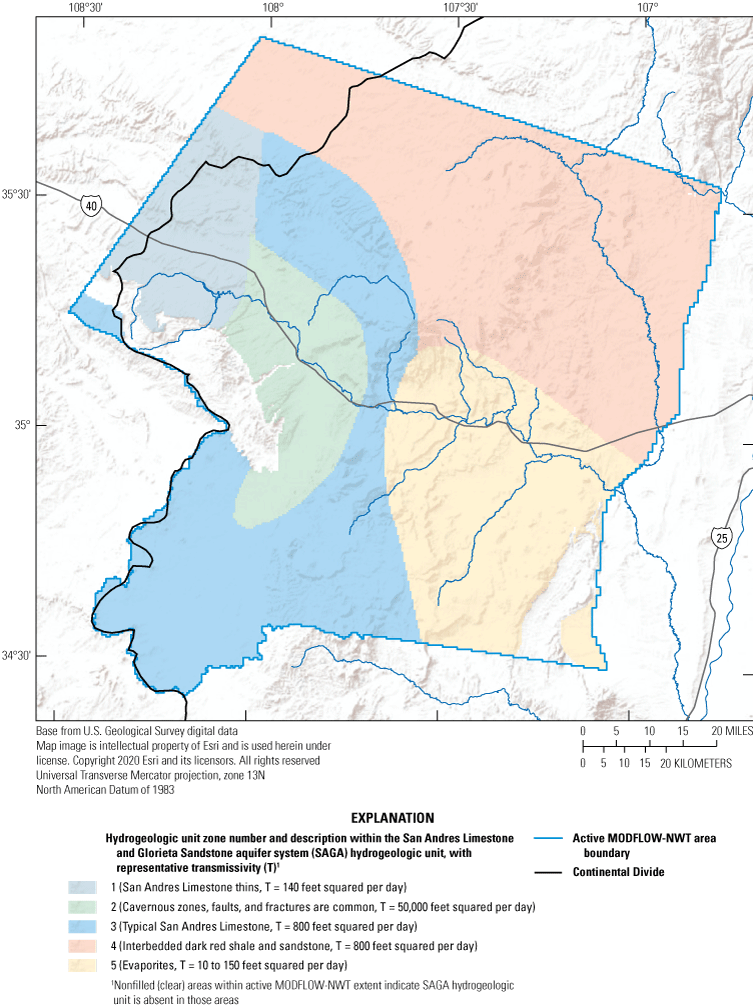 Map showing five hydrogeologic unit zones defined in this study within the San Andres
                              Limestone and Glorieta Sandstone aquifer system hydrogeologic unit, the extent of
                              the active MODFLOW-NWT area boundary, and the Continental Divide