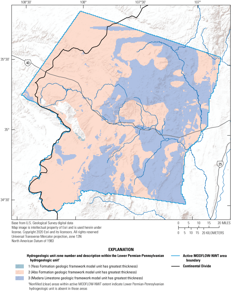 Map showing three hydrogeologic unit zones defined in this study within the Lower
                              Permian-Pennsylvanian hydrogeologic unit, the extent of the active MODFLOW-NWT area,
                              and the Continental Divide