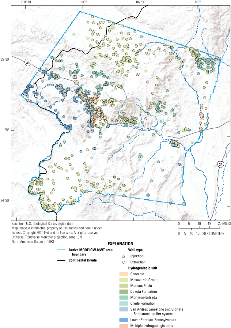 Map showing locations of wells used to simulate injections and extractions, plus the
                           locations of hydrogeologic units, the active MODFLOW-NWT area boundary, and the Continental
                           Divide.