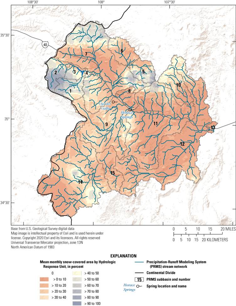 Map showing January mean monthly snow-covered area simulated by the Rio San Jose Integrated
                        Hydrologic Model, the PRMS stream network, PRMS subbasins, the Continental Divide,
                        and spring locations.