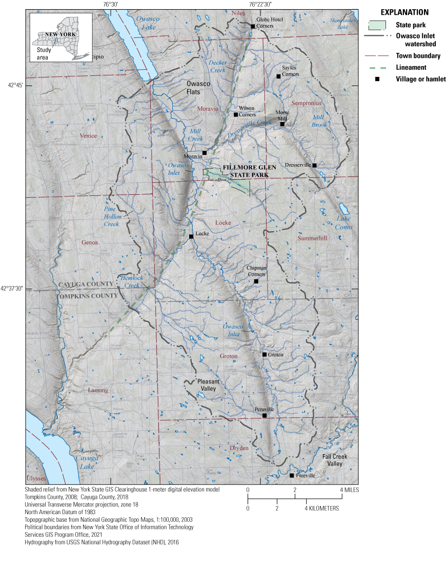 The watershed drains north directly to Owasco Lake. The Owasco Inlet valley stretches
                     about 18 miles from Owasco Lake south to the divide at Freeville.