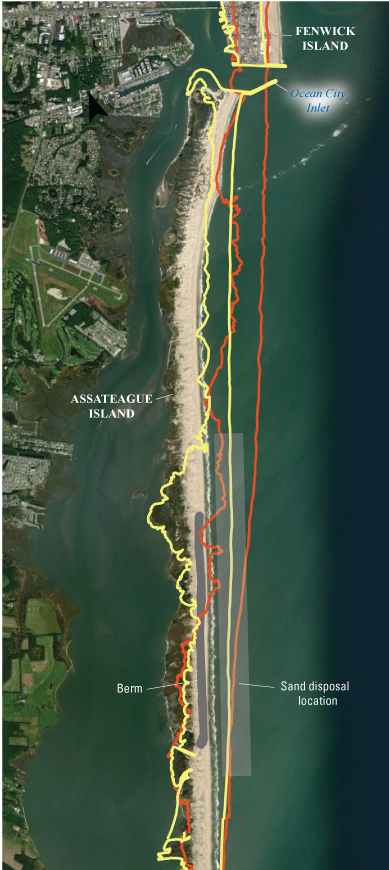 Shoreline changes are especially evident on Assateague Island from the northern half
                        of the berm to Ocean City Inlet.