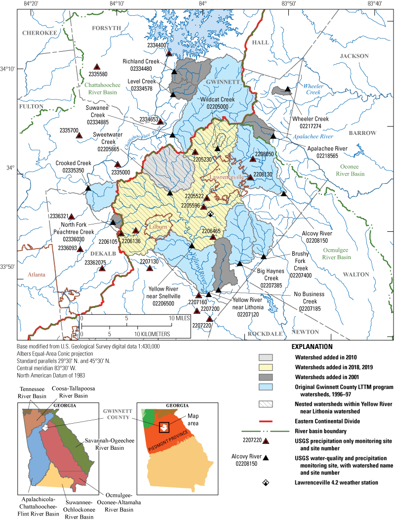 Map showing original Gwinnett Co. LTTM program watersheds, 1996-97, watersheds added
                     in 2001, 2010, 2018, and 2019, monitoring sites, river basins in Georgia, and Piedmont
                     physiographic province