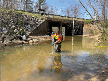 Photograph showing two USGS employees in and near stream near bridge.