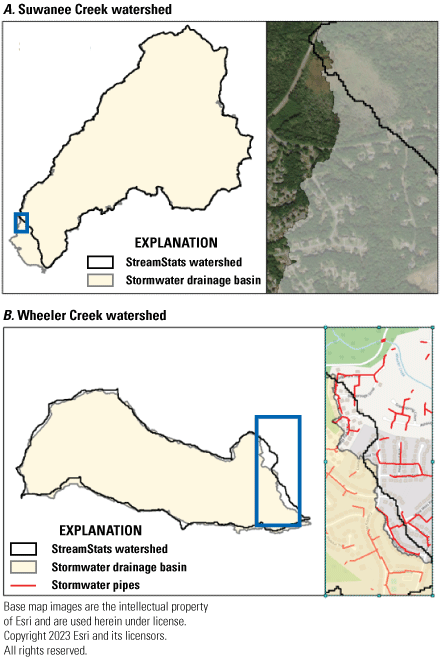 Maps and aerial imagery showing overlapping extent of StreamStats and stormwater drainage
                        basins. Inset for Wheeler Creek watershed shows stormwater pipe locations near the
                        eastern watershed boundary.
