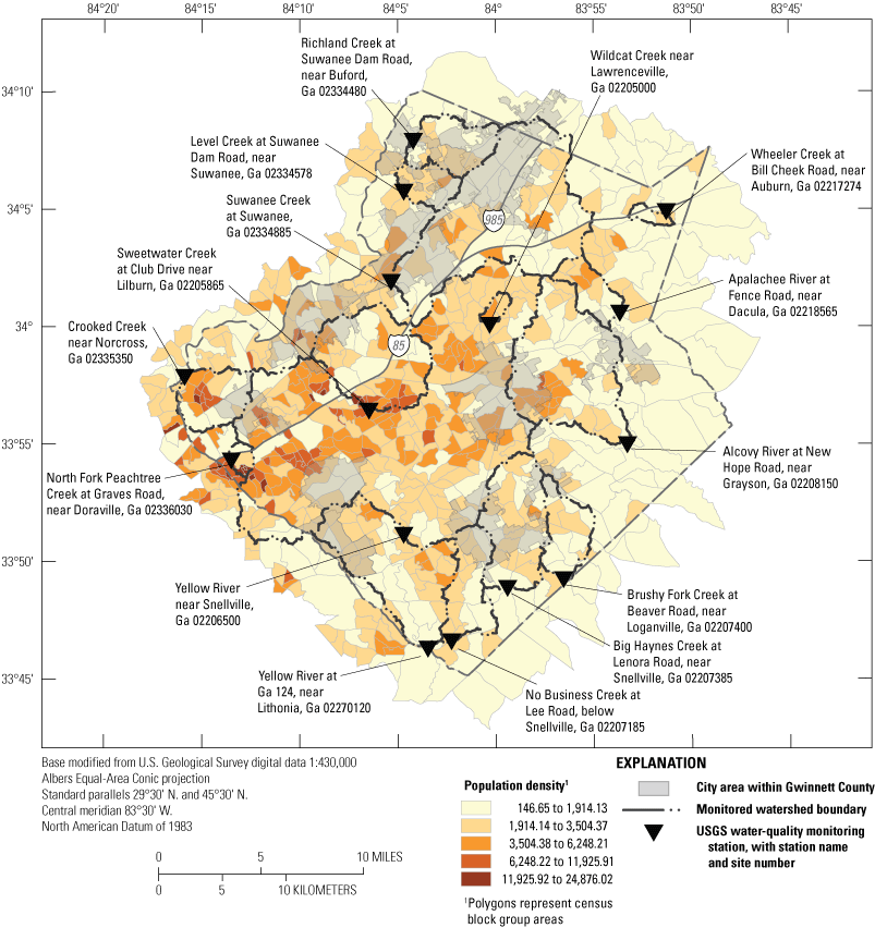 Map showing locations of population-density polygons representing census block group
                        areas, city areas within Gwinnett County, monitored watershed boundaries, and USGS
                        water-quality monitoring stations. 
