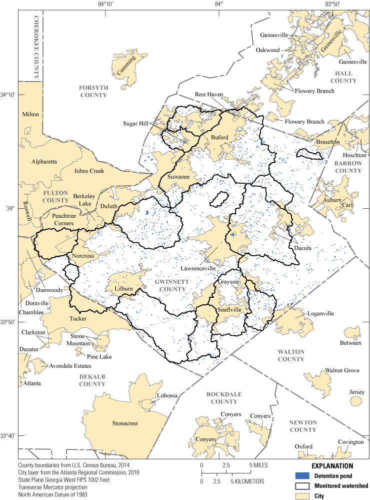 Map showing locations of detention ponds in relation to monitored watersheds and city
                        extents. 