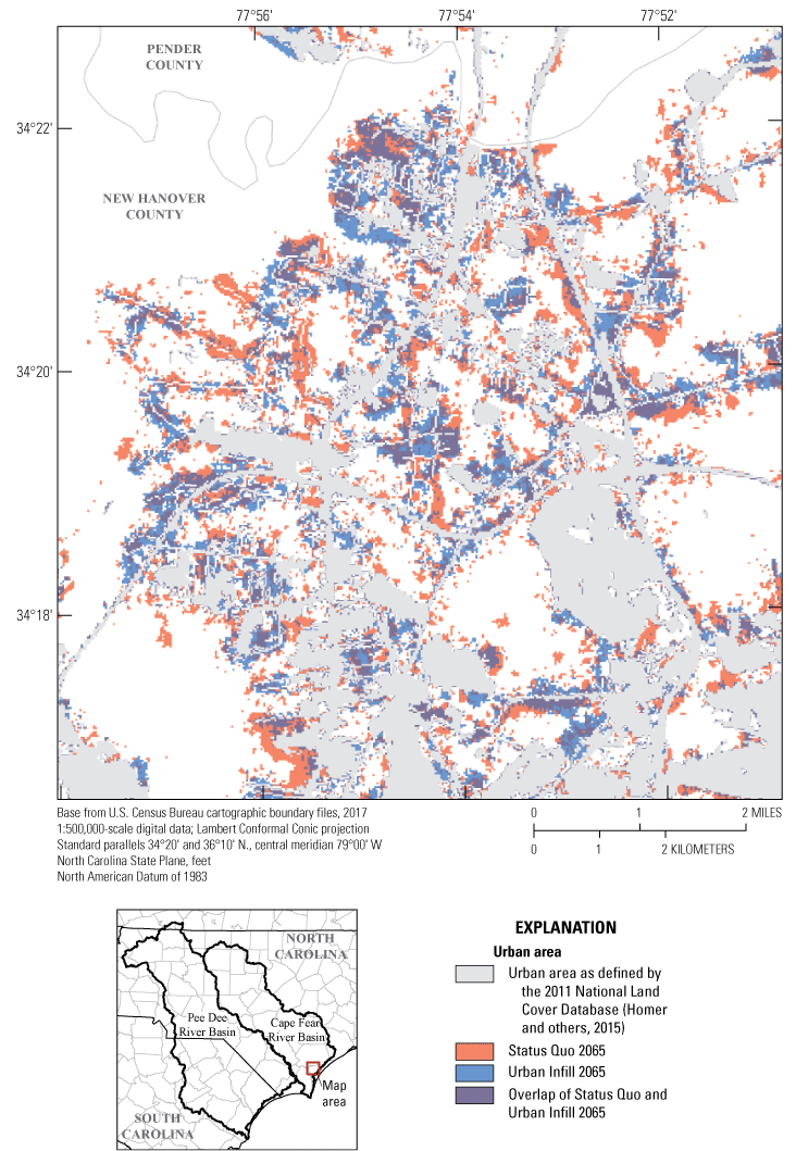 Figure 2. Two projected urban growth patterns are shown for a selected area in northern
                           New Hanover County along with overlap of the two patterns and locations of urban areas
                           as defined by the NLCD.