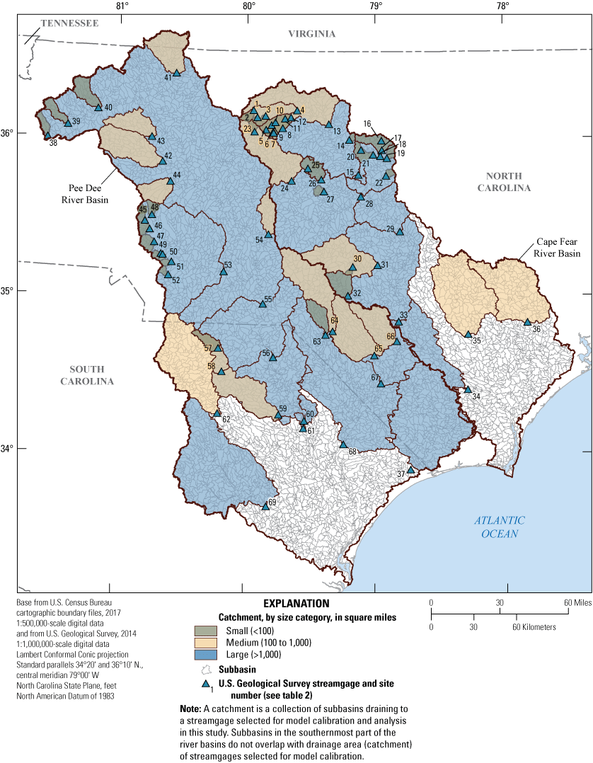 Figure 3. Delineation of the Cape Fear and Pee Dee River Basins, subbasins, and catchments
                        as used in the Soil and Water Assessment Tool models