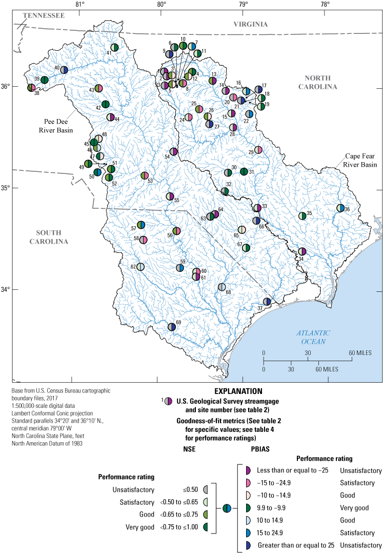 Figure 4. Performance ratings range from unsatisfactory to very good for goodness-of-fit
                        metrics (Nash-Sutcliffe efficiency [NSE] and percent bias [PBIAS]) at streamgages
                        in the Cape Fear and Pee Dee River Basins