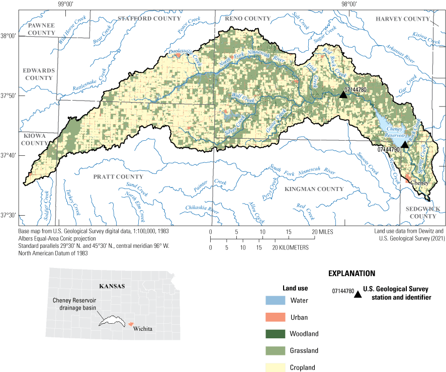 Map showing locations of two continuous real-time water-quality monitoring sites and
                     land use in the Cheney Reservoir drainage basin, south-central Kansas. The primary
                     land uses are cropland and grassland.