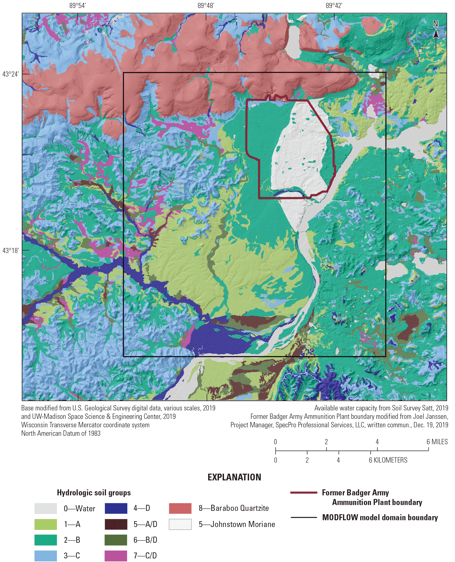 Several different soil hydrologic groups are present across the model area. Type B
                  is most common, especially in topographically flat areas.
