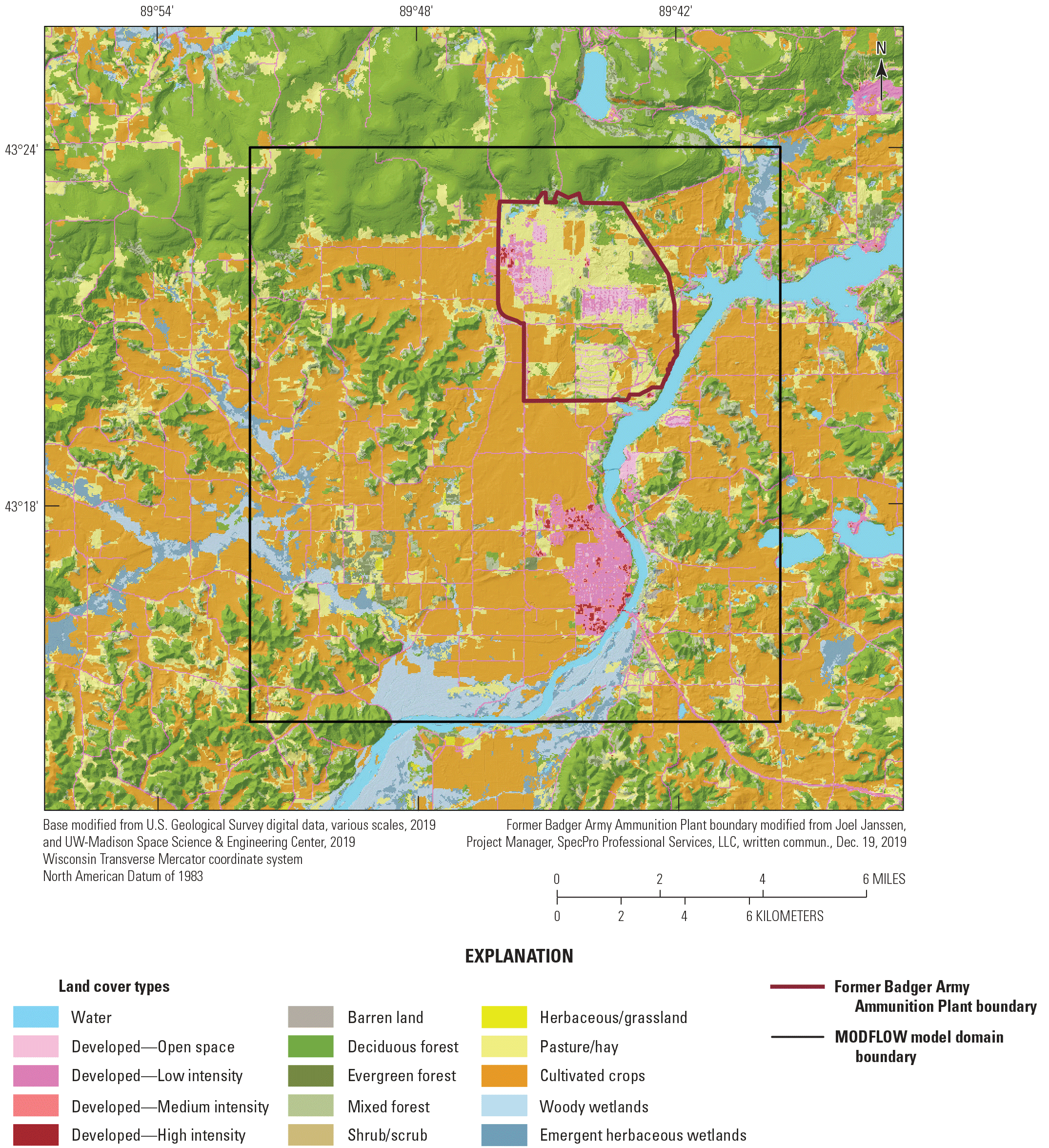Land use in 2000 was mostly cultivated crops with forest covering topographic highs.
                  The former BAAP had a mix of pasture/hay and developed spaces.