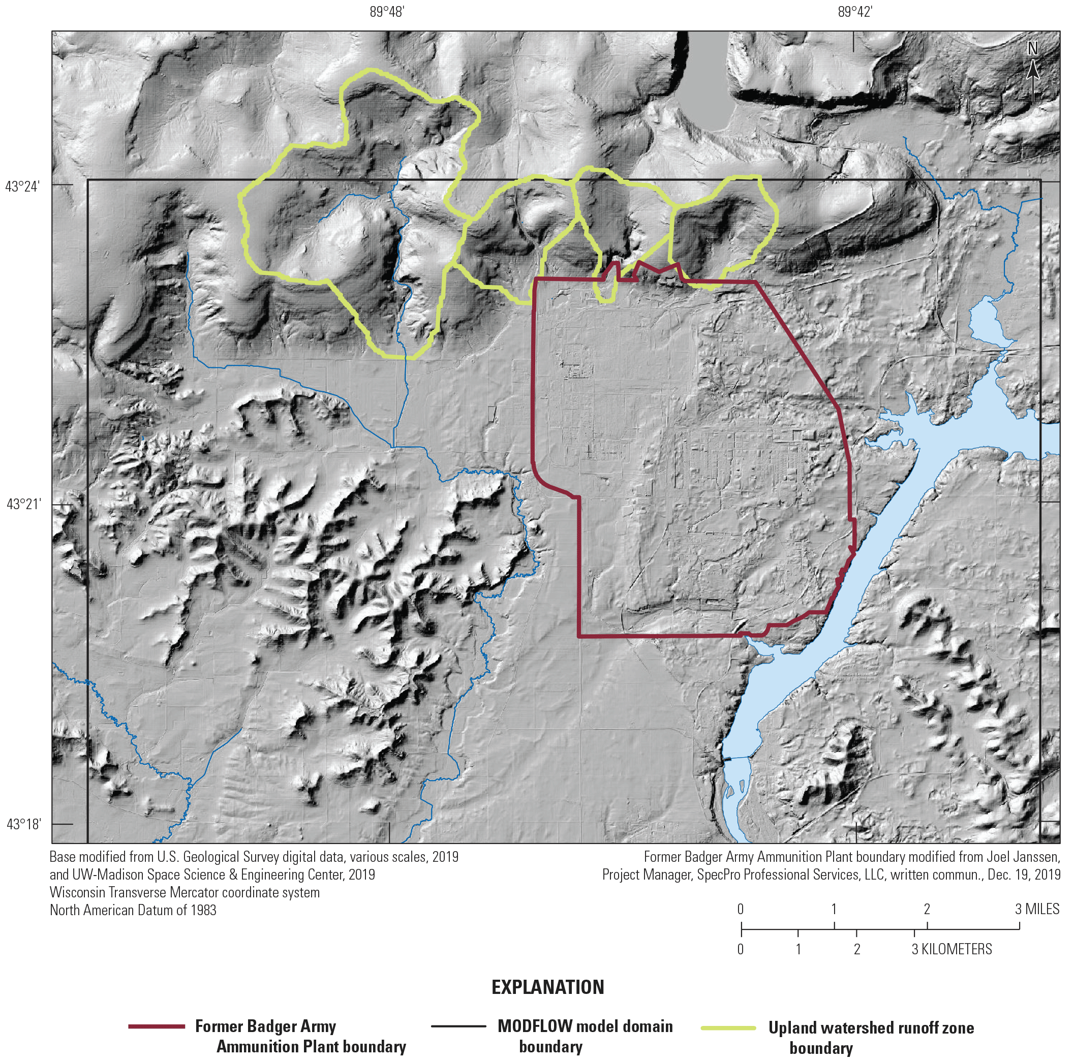 Four upland watershed zones are along the northern edge of the MODFLOW model boundary.