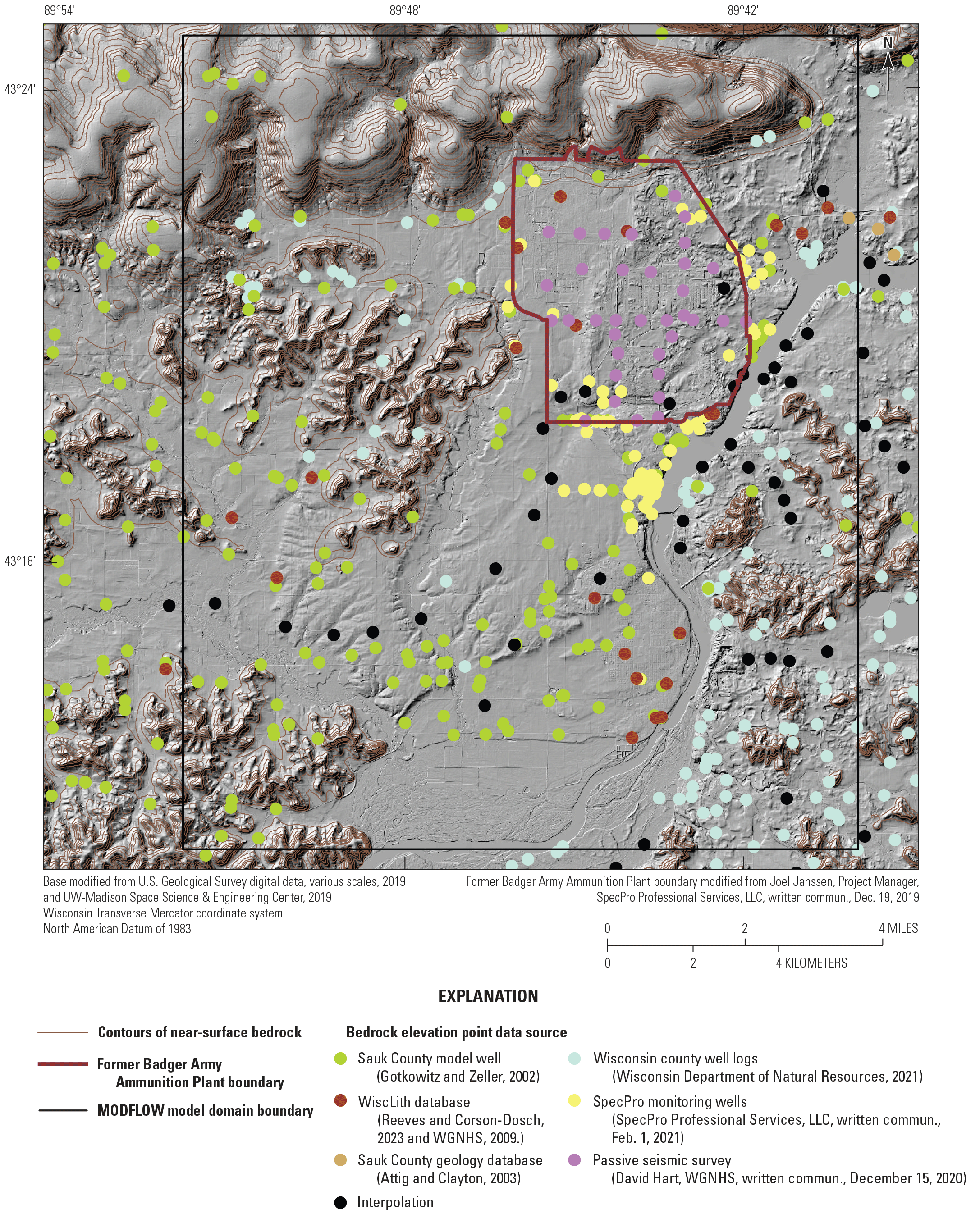 The bedrock surface was generated using data from a variety of wells, borings, and
                  geophysics work. Some places having more data points than others.