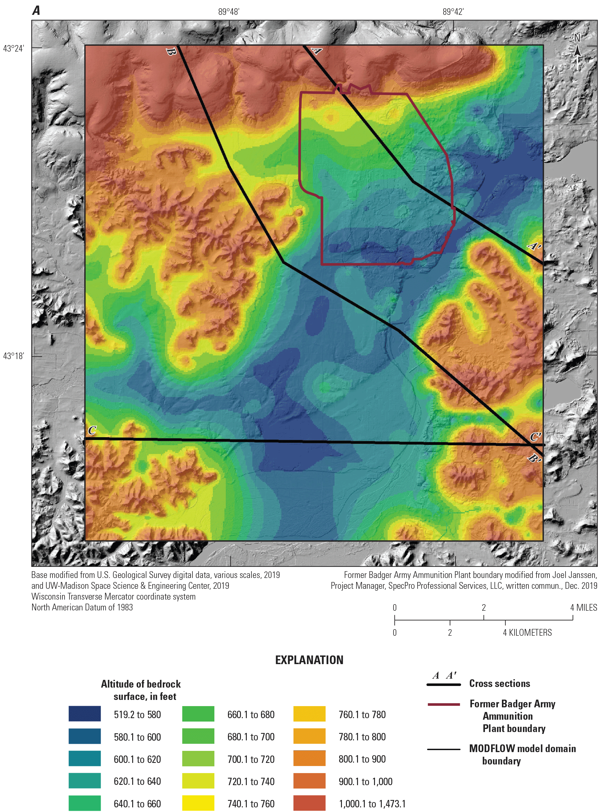 Altitude of bedrock ranged from 519.2 to 1,473.1 feet. Model layers 11–14 were generally
                        thicker than layers 1–10.