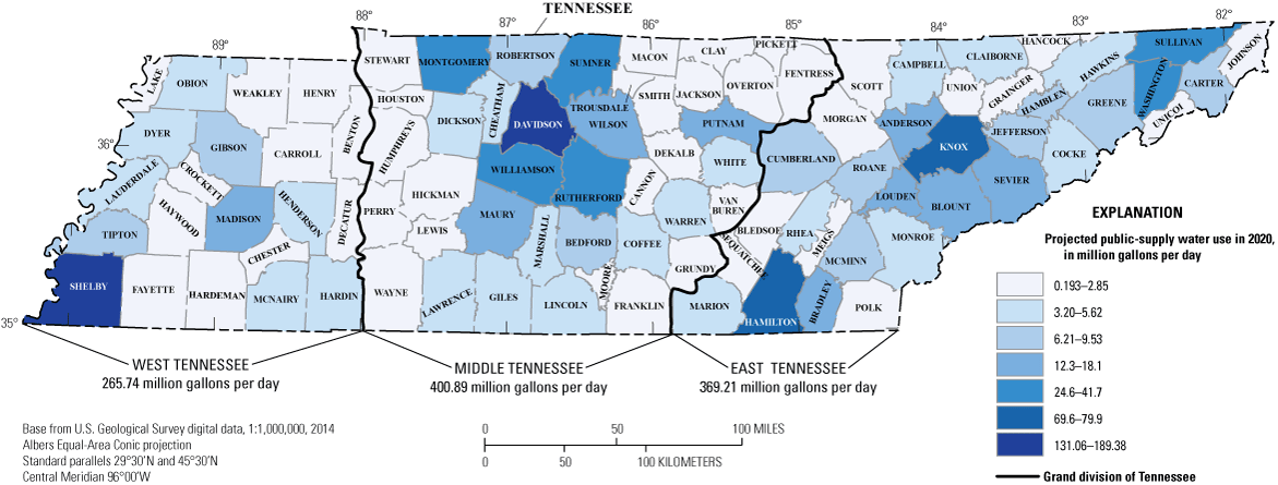 Projected water use was generally less than 41.7 Mgal/d per county.